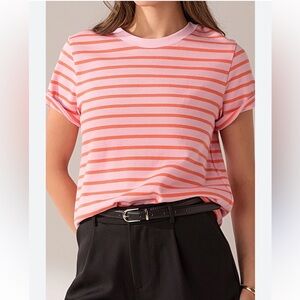 English Factory STRIPE Pink Orange T-SHIRT Small Crew Neck Cropped Short Sleeve